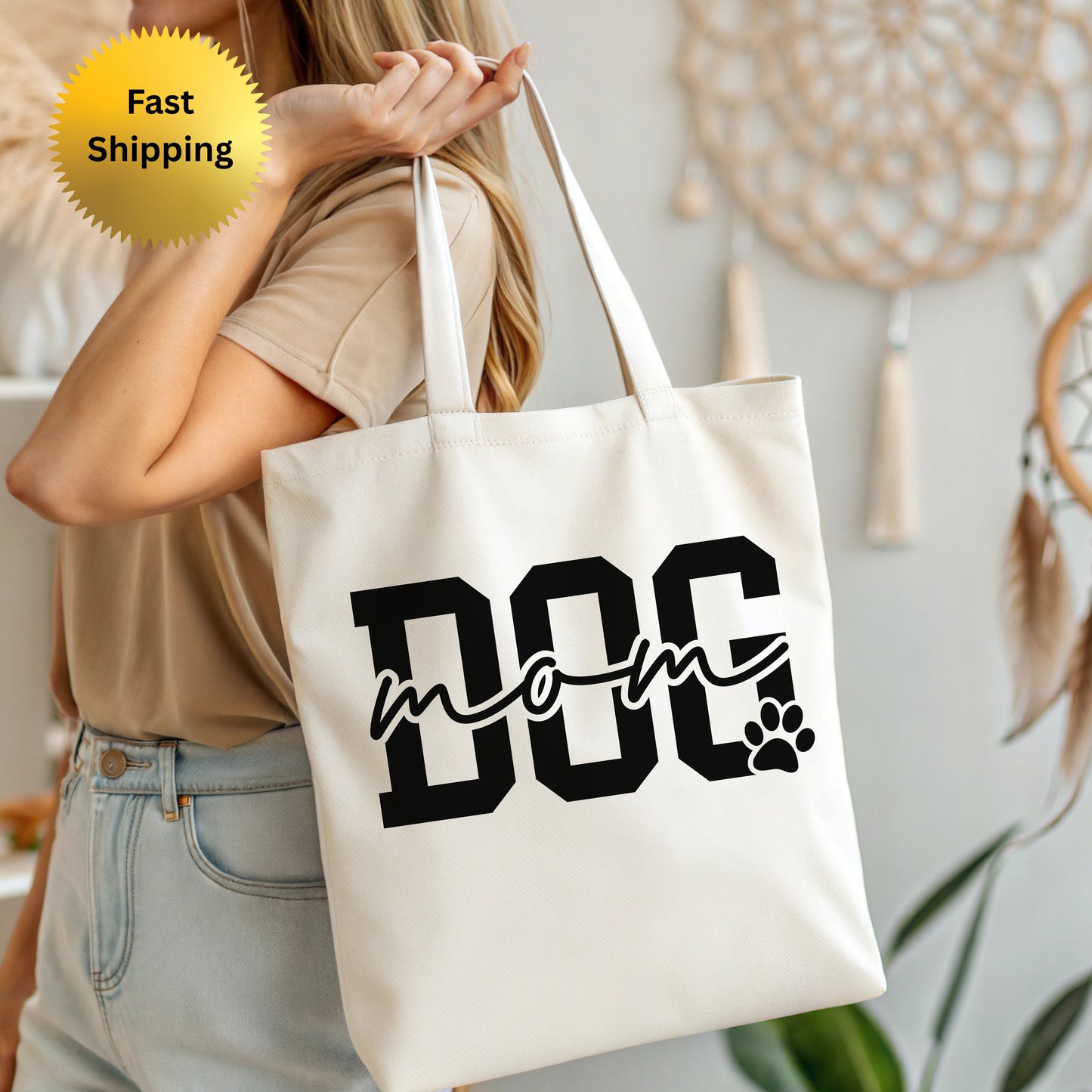 Dog Mom Cotton Canvas Tote Bag, Eco-Friendly Pet Lover Gift